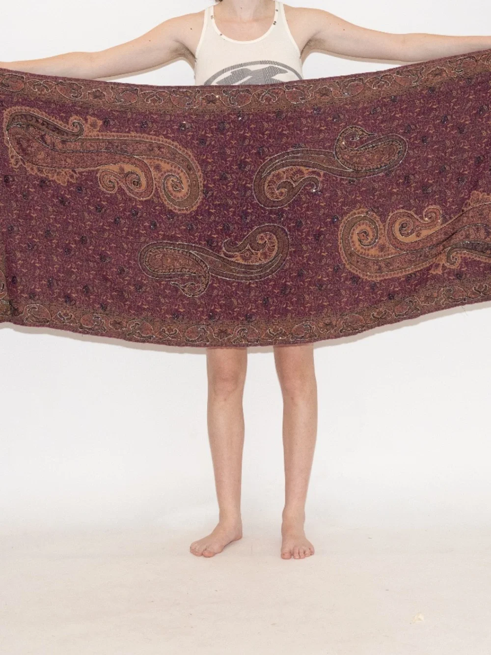 Vintage beaded tapestry purple paisley print woven w/ tassels